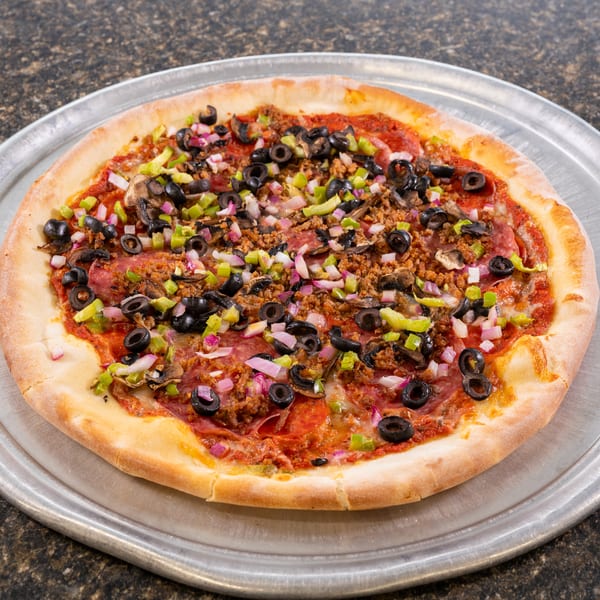 A whole pizza with pepperoni, sausage, mushrooms, black olives, green peppers, and red onions.